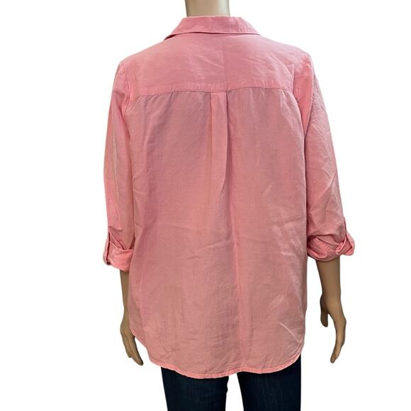 Tu Woman Linen Blend Shirt Size 10 Pink Roll Tab Sleeve Button Down Casual Woven - Picture 4 of 9